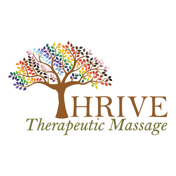 The logo for Thrive Therapeutic Massage. It is an painted oak tree with leaves in the color of the Pride flag. The words: Thrive Therapeutic Massage below.